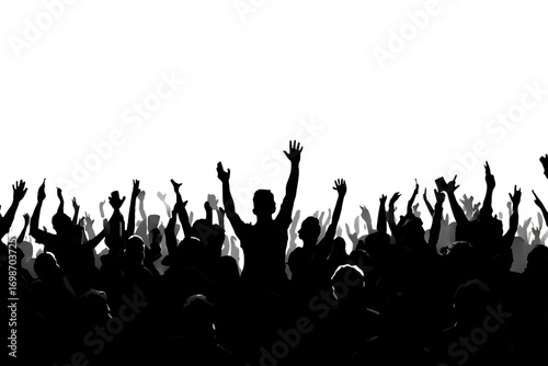 Energetic crowd cheering and raising hands in excitement, capturing the vibrant atmosphere of a live event or celebration with dynamic silhouettes