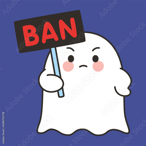 Cute Ghost Ban Emote Vector with Serious Expression on Blue Background