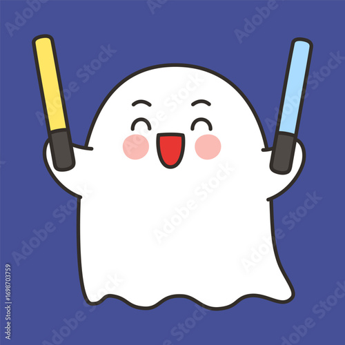 Cute Ghost Cheering Emote Vector with Colorful Glow Sticks on Blue Background