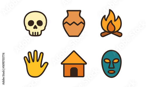 Anthropology icon set featuring skull, pottery, fire, hand, dwelling, and mask for educational and cultural design