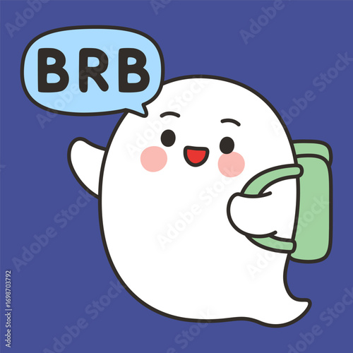 Cute Ghost BRB Emote Vector with Backpack on Blue Background