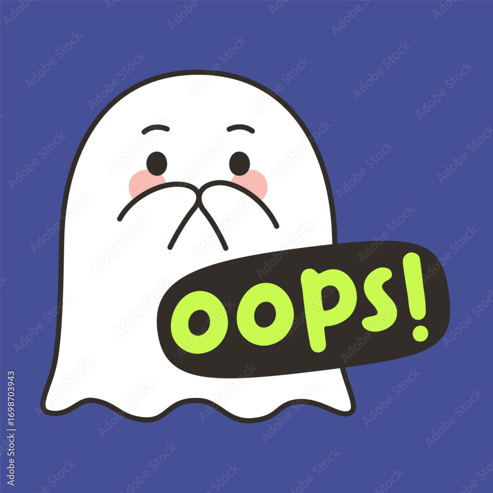 Obraz premium Cute Halloween Ghost Cartoon Vector with Oops Text Expression on Blue Background