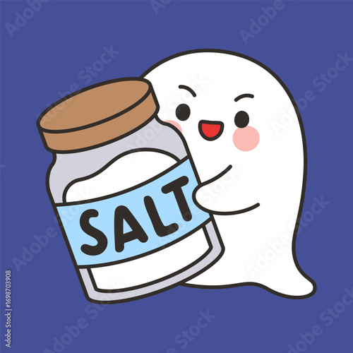 Cute Halloween Ghost Cartoon Vector Holding Salt Jar Meme on Blue Background