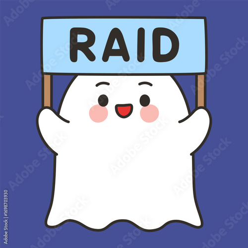 Cute Halloween Ghost Cartoon Vector Holding Raid Sign on Blue Background
