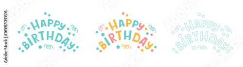 Bright and cheerful birthday lettering set with blue and colorful variations. Vector illustration for greeting cards, stickers, social media graphics and kids party decorations.