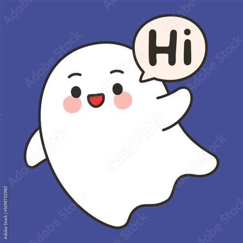 Cute Friendly Ghost HI Emote Vector Waving Hand on Blue Background