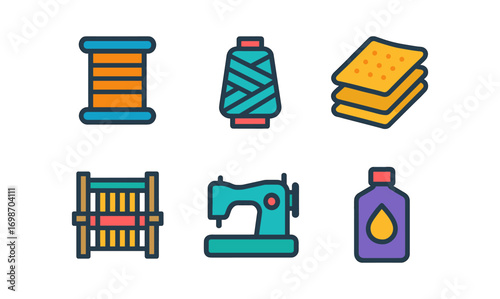 Textile icons grid featuring sewing tools yarn spool fabric pieces and thread for craft design