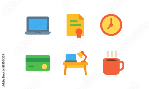 Freelancing essentials: minimalist icons set with laptop, certificate, clock, payment card, desk, and coffee for digital nomads
