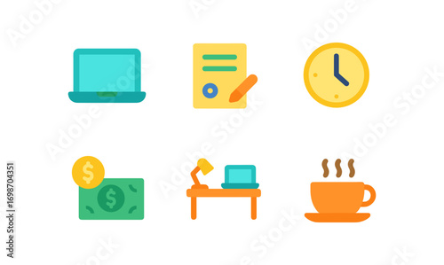 Freelancing essentials icons: digital tools, work time, payment, and coffee for efficient workspaces