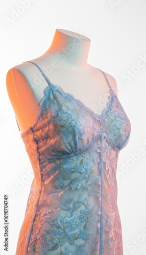 Studio shot of lace camisole detail on mannequin under professional lighting, high fashion style