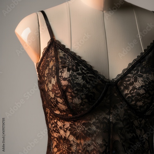 Studio shot of lace camisole detail on mannequin under professional lighting, high fashion style