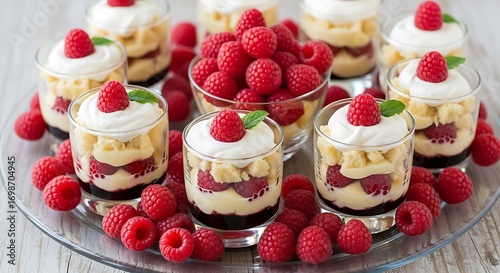 Delectable raspberry trifle desserts served in petite glass containers