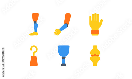 Prosthetic icon set on grid featuring limb and joint designs for accessible technology applications