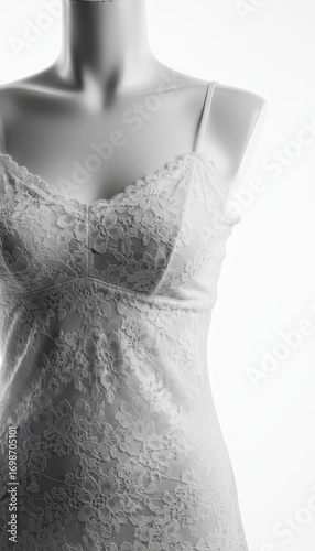 Studio shot of lace camisole detail on mannequin under professional lighting, high fashion style