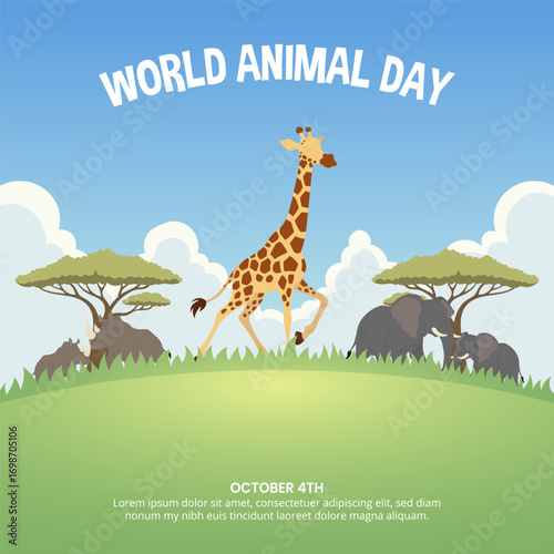 World Animal Day design with animals in a meadow