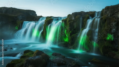 Luminous Waterfall with Green Moss Illumination at Dusk