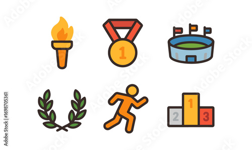2016 olympic icons set featuring torch medal sports arena and podium for athletic competitions