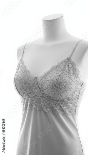 Studio shot of lace camisole detail on mannequin under professional lighting, high fashion style