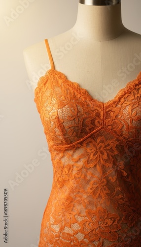 Studio shot of lace camisole detail on mannequin under professional lighting, high fashion style
