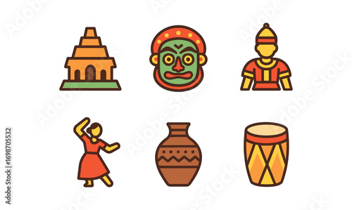 Cultural heritage icons: traditional architecture, masks, costumes, dance, and music elements