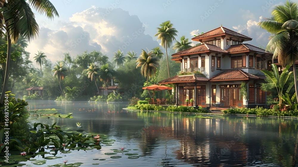 Fototapeta premium serene waterfront villa design high resolution picture