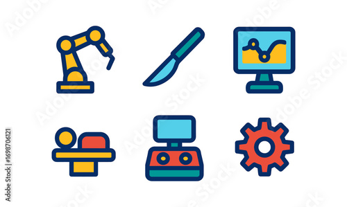 Modern surgical robot icons for medical technology and healthcare design projects