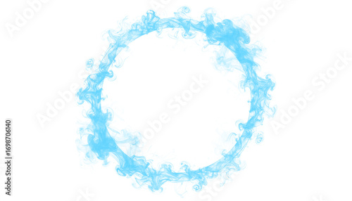 Blue smoke forming a circular frame with curling vapor, ideal for abstract, decorative, and elegant visual designs with fluid motion
