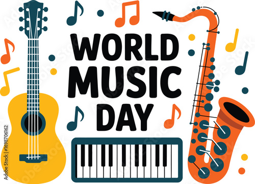 Celebration of World Music Day with diverse instruments and colorful notes