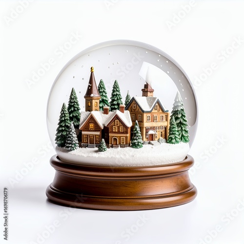 Enchanting miniature village nestled within a snow globe radiating festive cheer on white background