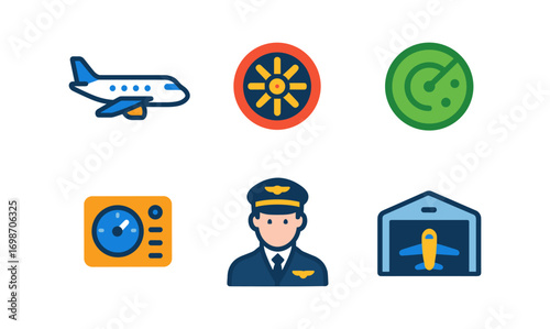 Aviation icons set featuring airplane, pilot, radar, and hangar for design and infographics