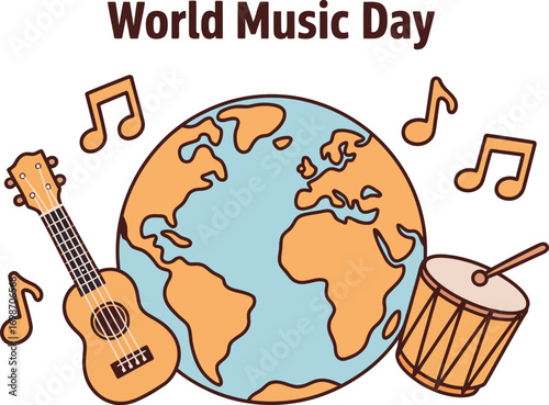 Celebrate World Music Day with global instruments and notes surrounding a vibrant planet.