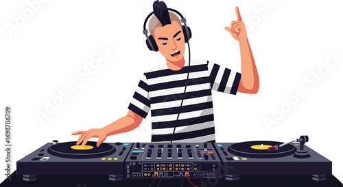 Vector illustration of a professional disc jockey with a punk mohawk hairstyle mixing tracks on a turntable deck, an entertainment career concept