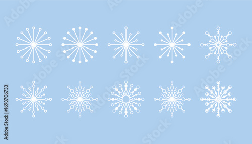 Snowflakes, set of icons, winter symbol, snow sign, Christmas, isolated on a blue background, vector illustration. Decorative Different Frozen Holiday Element for Decoration, Design, Postcard, Banner