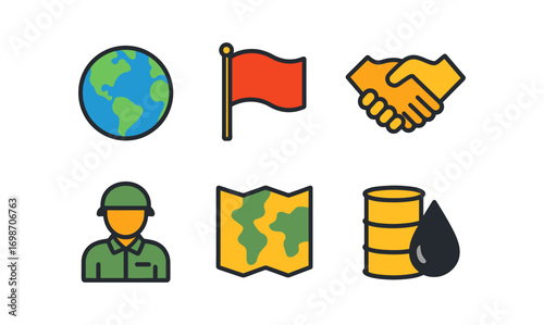 Geopolitical icon set featuring flags, maps, and strategic elements for educational and professional use