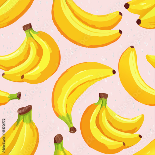 Crayon drawn banana fruits seamless pattern on bright pink background. Funky naive trendy colorful wallpaper.