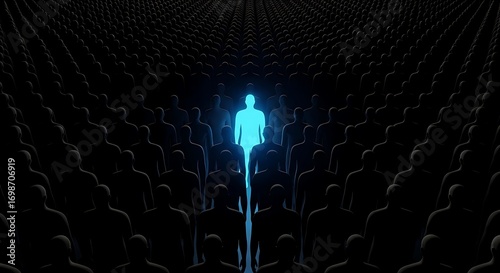 A Single Luminous Figure Amidst a Sea of Silhouettes