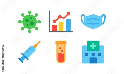 Epidemiology icon set featuring virus, graph, mask, syringe, test tube, and hospital for medical design