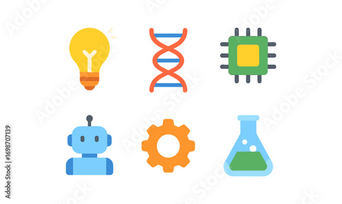 Innovation and technology icons grid: light bulb, dna, chip, robot, gear, and beaker