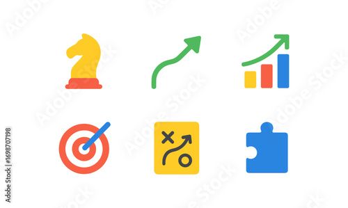 Business strategy icon set with chess piece, growth charts, and puzzle for planning and success