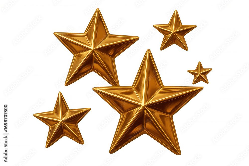 Obraz premium Five golden shining stars of different sizes on a transparent background, perfect for festive decorations and celebratory designs