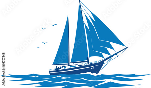 blue sailboat cruising waves birds flying on transparent background silhouette