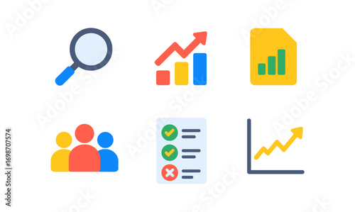 Essential market research icons collection for data analysis and business strategy design