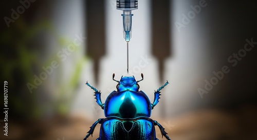 A Shiny Blue Beetle Receives an Injection from a Syringe, Macro Shot