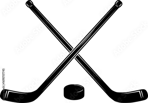vector crossed hockey sticks and hockey puck isolated on white background. hockey sport game icon
