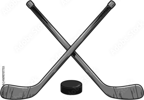 vector crossed hockey sticks and hockey puck isolated on white background. hockey sport game icon
