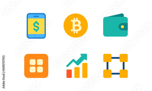 Fintech icon grid featuring cryptocurrency, blockchain, wallet, and analytics symbols for digital finance design