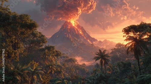 a vibrant volcano erupts in the dense jungle sending ash and lava high into the sky while surrounding flora and fauna are illuminated by the fiery glow during the golden hour