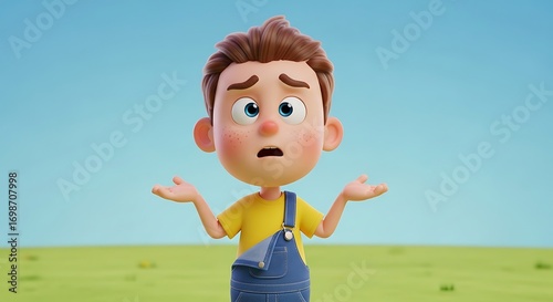 Confused Cartoon Boy Shrugging Shoulders.