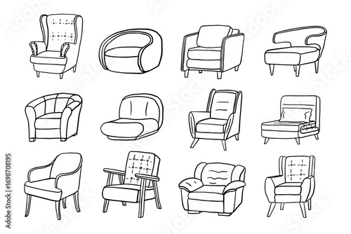 Set of armchairs of different shapes and sizes. Upholstered furniture. Cozy home. Interior. Hand drawn