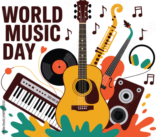 Vibrant celebration of diverse musical instruments and sounds for World Music Day